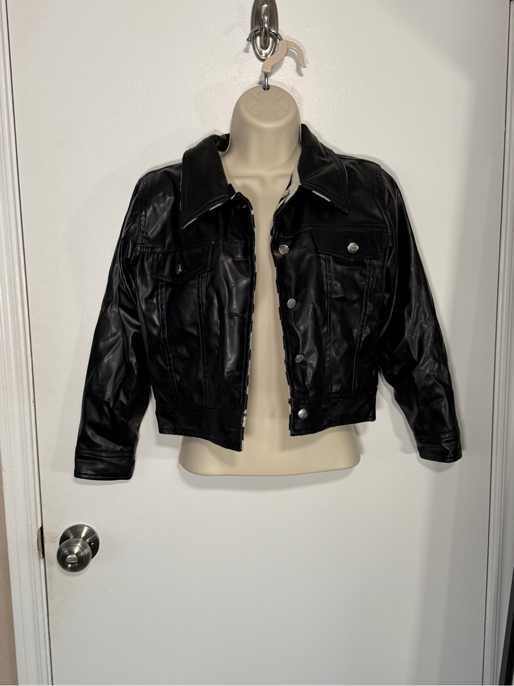 Black Faux Leather Cropped Jacket -Kids